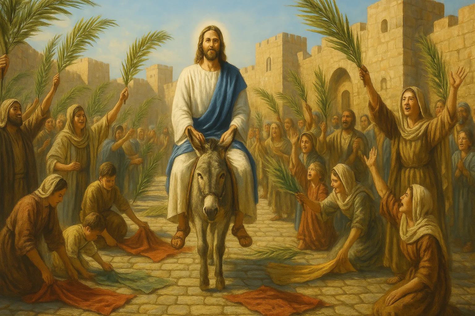 An image depicting Jesus riding a donkey into Jerusalem which is remembered as we celebrate palm Sunday in Spain